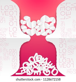 Paper art style of white hearts and letters of the word "love" inside shape of hourglass, fill with Pink and White background, origami. Template for Valentine's Day vector illustration.