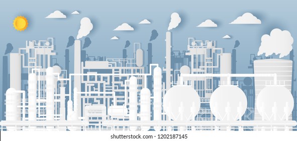 Paper art style of white industry landscape with standard industrial for Non-polluting in the morning city on summer,fresh air in the city community,ecological concept,flat style,vector illustration.