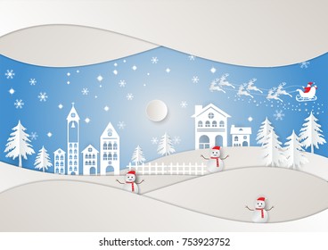 Paper art  style, Winter holiday and City for Christmas season, Vector illustration