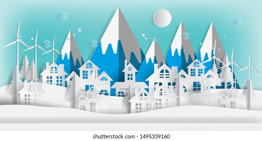 Paper art style of winter. vector illustration. Merry Christmas and Happy New Year concept.