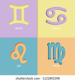 Paper art style zodiac sign background, gemini, cancer, leo, virgo, abstract design, modern paper cut graphic vector and illustration