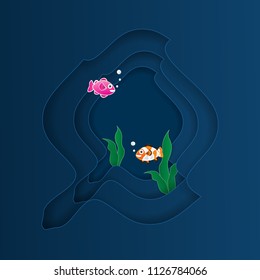 Paper art style.Fish and starfish on the ocean waves.Flat paper.