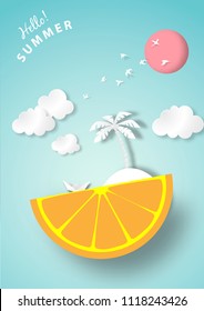 Paper art summer background with lemon island and coconut tree white origami boat , summer beach view paper cut style vector