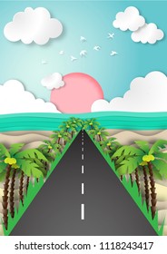 Paper art summer beach background with road and coconut tree view paper cut style vector