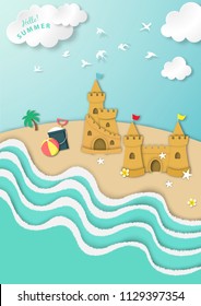 Paper art summer beach background with lighthouse paper cut style vector
