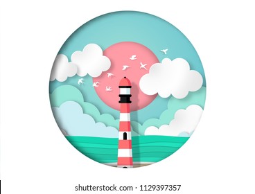 Paper art summer beach background with lighthouse paper cut style vector