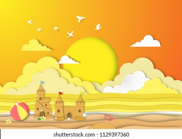 Paper art summer beach background with sand castle in sunset time view paper cut style vector