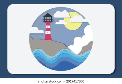 Arte de papel fondo de playa de verano con estilo de corte de papel faro vector