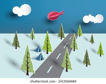 Paper art of summer camp on road landscape and pine trees with air balloon, vector illustration 