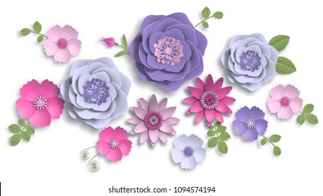 Paper art, summer flowers on a white background with leaves cut of paper. Vector stock illustration