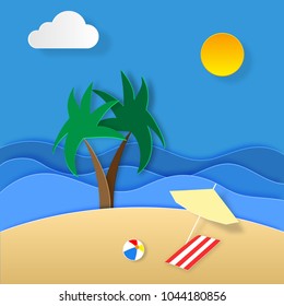 Paper art of summer holidays. Illustration of holiday on the islands. Palms. Sea. Beach ball. Sand. Sun and clouds. Umbrella and bedspread