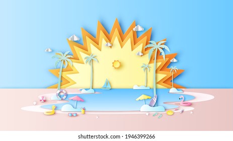 Papierkunst der sommerlichen Strandlandschaft mit Strandausstattung und sonniger Hintergrund. Meereslandschaft. Sommerzeit. Papierschnitt und handwerklicher Stil. Vektorgrafik, Illustration.