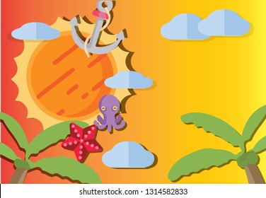 Paper art of summer and sea  vector art and illustration.