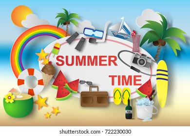 Paper art of summer time element banner background,travel,vector