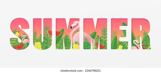 Paper art of Summer tropical with palm leaves, plants, flamingo,  watermelon and pineapple. decoration paper cut style ,art design and craft style. illustration 