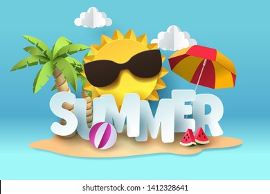 Paper art of summer, vector art and illustration.