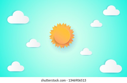 paper art of sun and cloud on blue sky. Paper cut style, abstract background composed of white paper clouds and sun, illustration vector background flat design 