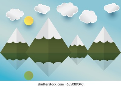 Paper art  sun mountain cloud  in the sky concept, vector and illustration