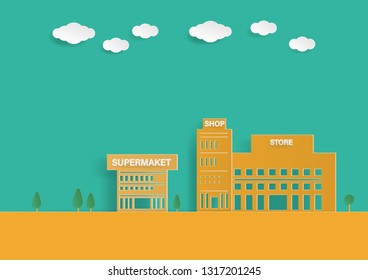 Paper art with supermarket. shop and store building on green background. Paper cut and craft style, vector illustration