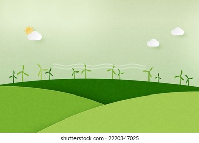 Paper art of Sustainability of alternative energy and ecology conservation concept.Wind turbine on green nature mountains landscape background.Vector illustration.