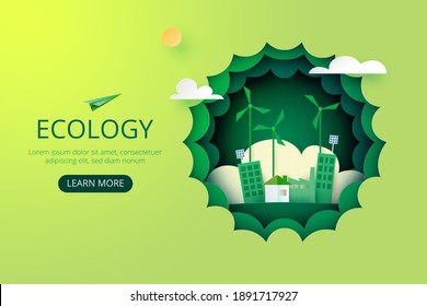 Paper art of Sustainability in green eco city, alternative energy and ecology conservation concept landing page website template background.Vector illustration.