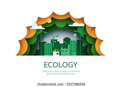 Paper art of Sustainability in green eco city, alternative energy and ecology conservation concept landing page website template background.Vector illustration.