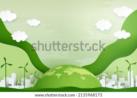 Paper art of Sustainability in green eco city, alternative energy and ecology conservation concept.Banner template background.Vector illustration.