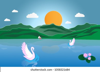Paper art of swan in the river with mountain and sky cloud,Paper cut and craft style,Eps10.