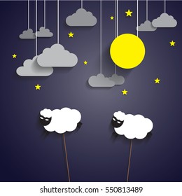 Paper art Sweet Dreams with Sheep, Moon and Stars