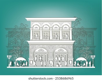 Paper art of an symmetrical modern classical building facade with 6 doors, 5 columns, 4 windows, stairs, 6 crowns, balustrade and stairs.