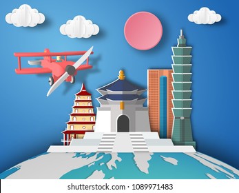 Paper art Taipei ,Taiwan infographic . Airplane flying to Taiwan.