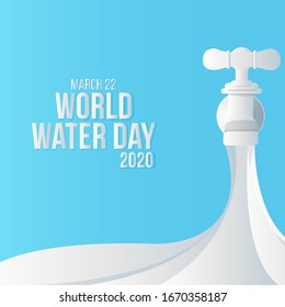 Paper art of tap with flowing water and world water text design.vector art and illustration.