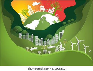 Paper art ,The Global ,windmill and solar panels on the grass ,Environmentally friendly world. Vector illustration of ecology,concept protect the environment and The earth