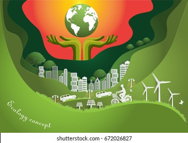Paper art ,The Global ,windmill and solar panels on the grass ,Environmentally friendly world. Vector illustration of ecology,concept protect the environment and The earth