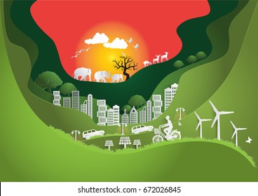 Paper art ,The Global ,windmill and solar panels on the grass ,Environmentally friendly world. Vector illustration of ecology,concept protect the environment and The earth