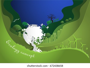 Paper art ,The Global ,windmill and solar panels on the grass ,Environmentally friendly world. Vector illustration of ecology,concept protect the environment and The earth