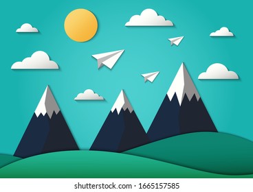 paper art travel with paper airplane flying in the sky background. vector Illustration.