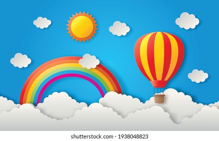 paper art travel balloon flying with sun, rainbow and cloud background. vector illustration.