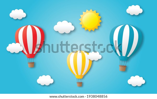 paper art travel with balloon flying\
background. vector\
illustration.