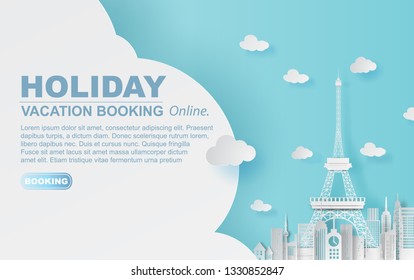 Paper art of Travel in holiday hotel booking Eiffel tower Paris city.website pastel color concept your text space background.Illustration of idea design vacation.web design simple.vector.illustration.