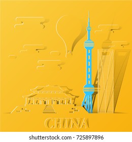 Paper art travel infographic.China  infographic; welcome to Shanghai.Landmarks concept, pastel color with paper art style.