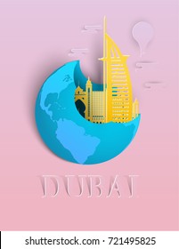 Paper art travel infographic.Dubai infographic; welcome to UAE.Landmarks in global concept, pastel color with paper art style.