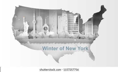 paper art of Travel winter and snow season of map landmarks of New York City, America,vector