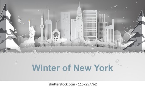 paper art of Travel winter and snow season of world famous landmarks of New York City, America,vector