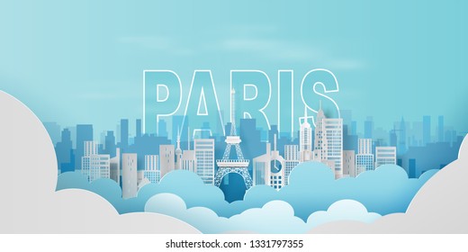 Paper art of Traveling holiday Eiffel tower Paris city France,Website Travel landmarks city pastel color landscape concept your text space background,Illustration of idea design vacation.vector.