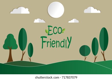 Paper art of tree on hill, Ecology concept with green eco earth and trees. Vector illustration
