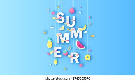 Paper art of tropical fruit and SUMMER calligraphy hanging from top. paper cut and craft style. vector, illustration.