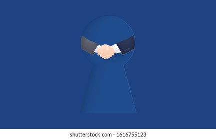 Paper art of two businessmen shaking hands behind a keyhole, Concept inspiration business svg