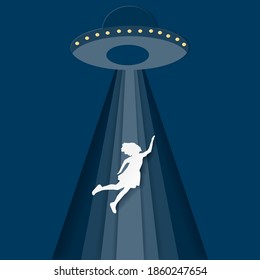 paper art of UFO abducting people. Spaceship UFO sucking human into space with light in the dark paper cut vector