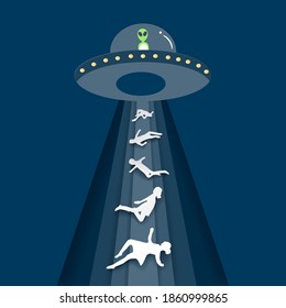 paper art of UFO abducting a lot of people. Spaceship UFO sucking human into spaceship with blue ray  paper cut vector